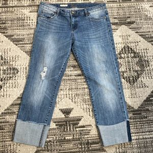 KUT from the Kloth Cameron Straight leg Sz 12 distressed wide cuff crop jeans.